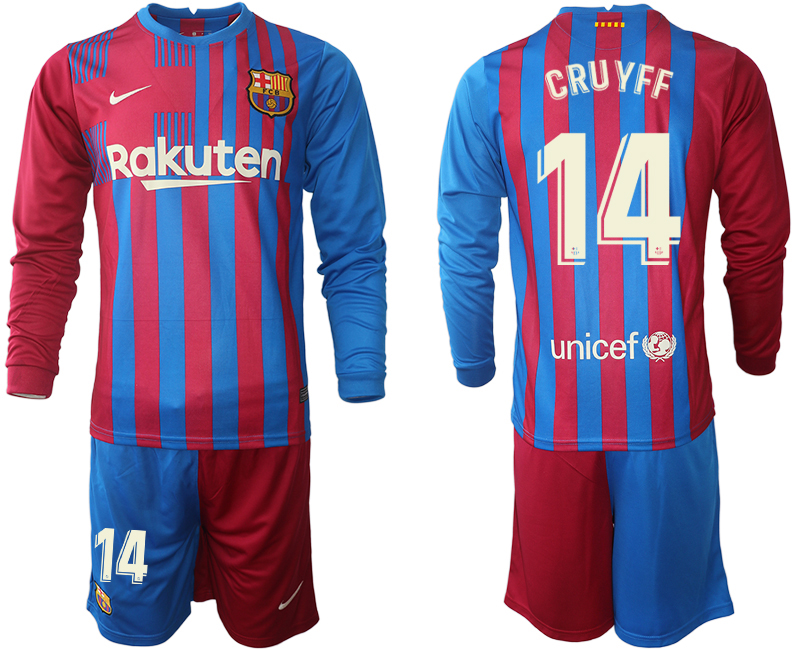 Men 2021-2022 Club Barcelona home red blue Long Sleeve #14 Nike Soccer Jersey
